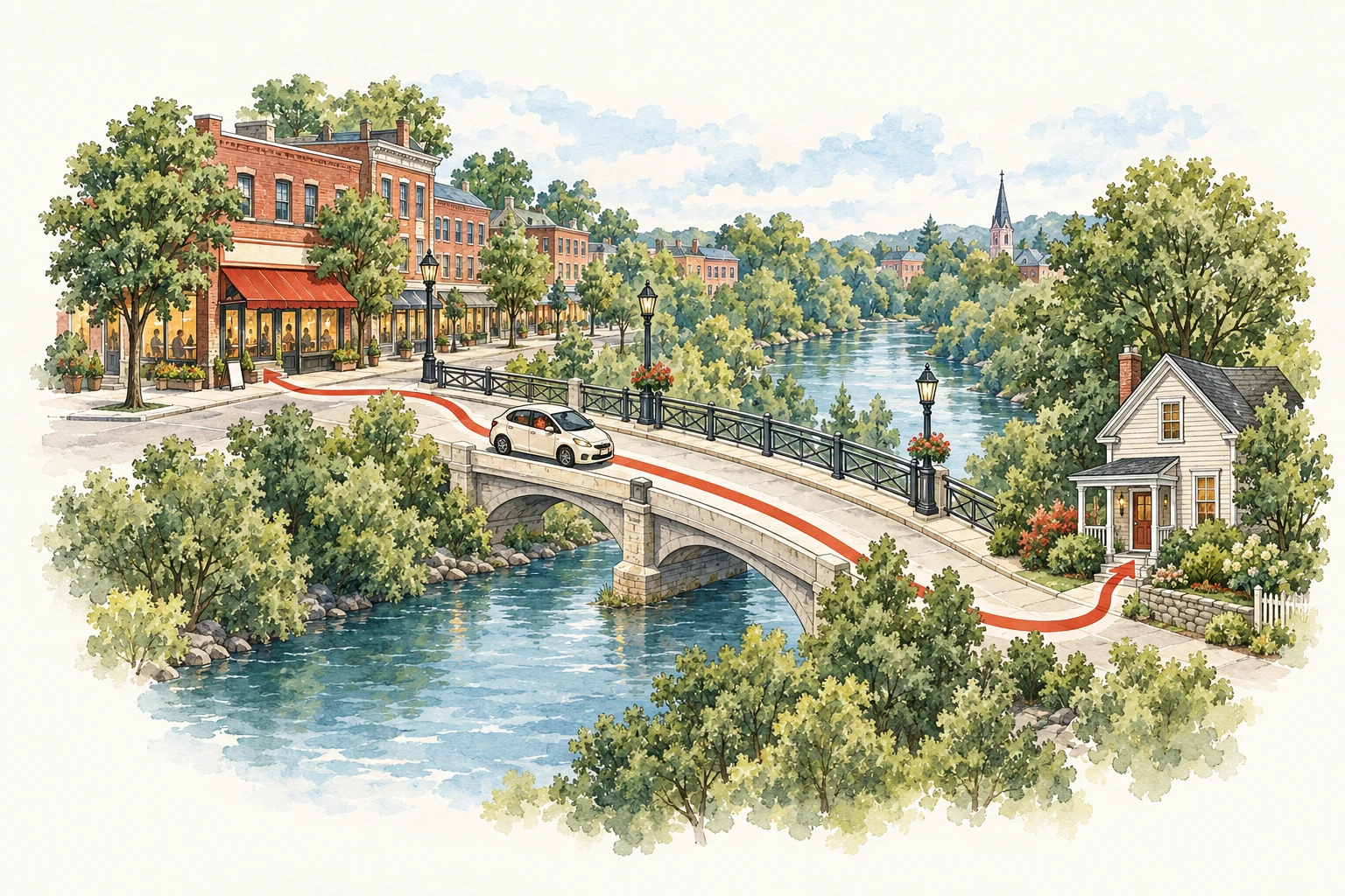Watercolor delivery route across a bridge in Waltham, Massachusetts