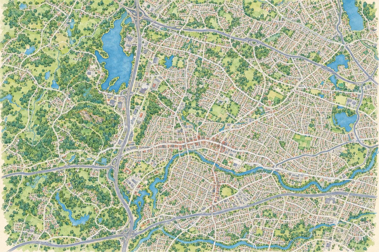 Watercolor street map of Waltham, Massachusetts, and Charles River